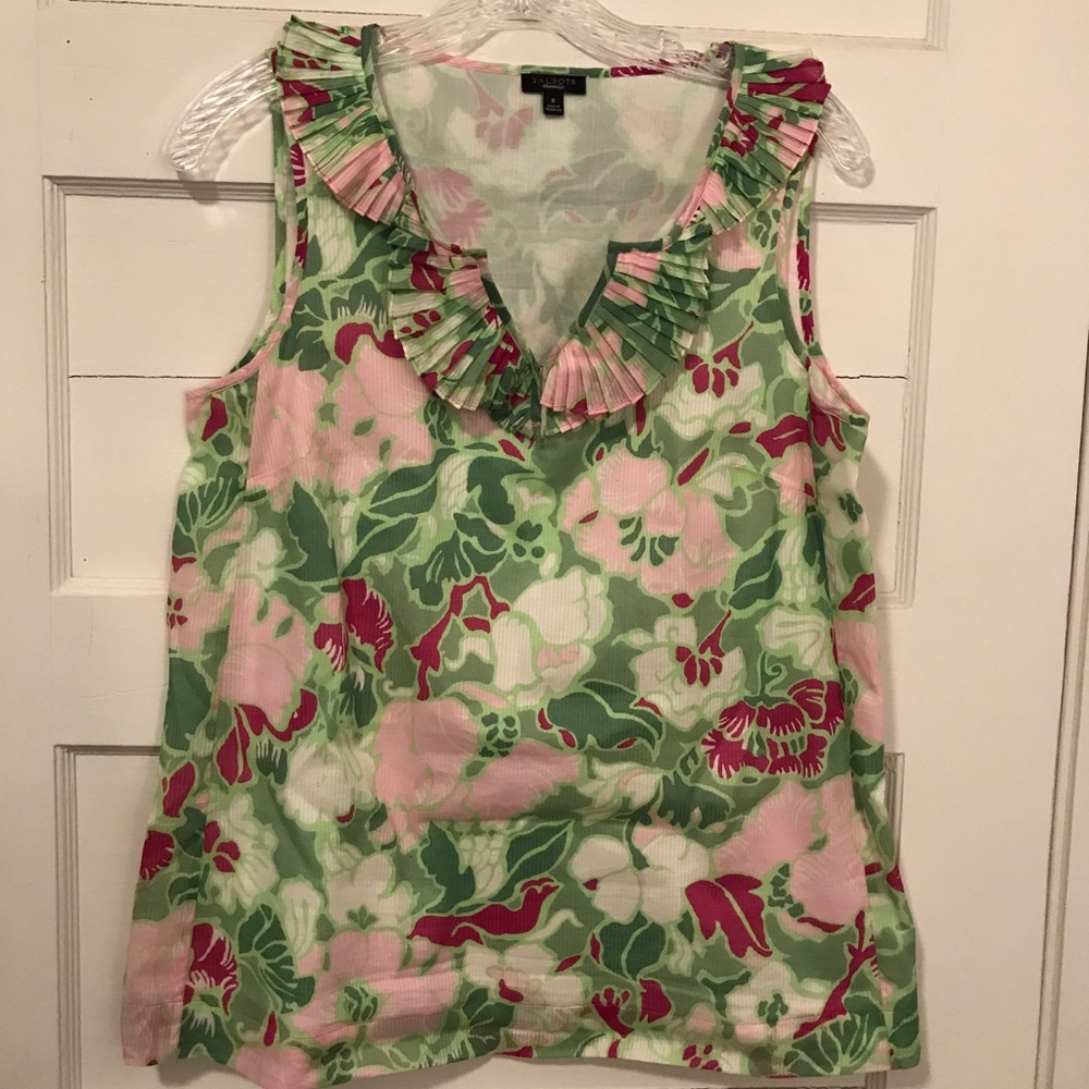 Talbots Pink Green Lime 8 Sleeveless Top Ruffle